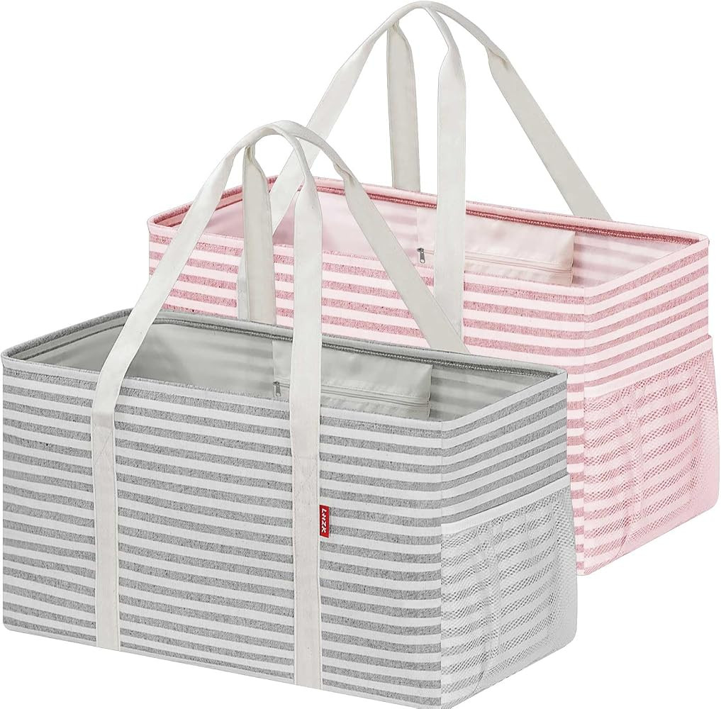 LHZ.K Standing Extra Large Utility Tote Bag 2 Pack, Foldable Reusable Grocery Bags with Metal Wir... | Amazon (US)