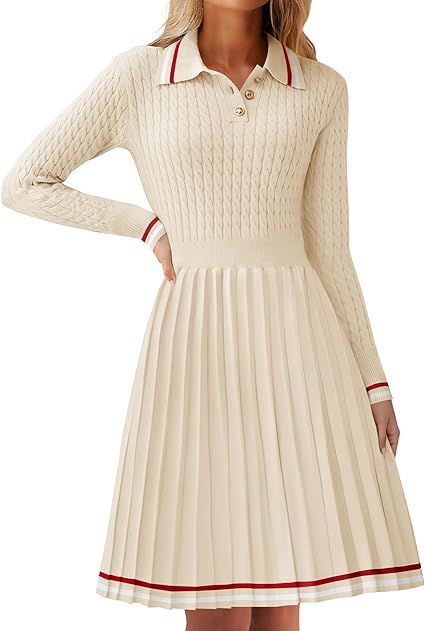 ZESICA Women's Midi Sweater Dress 2024 Fall Long Sleeve Cable Ribbed Knit A Line Swing Pleated Dr... | Amazon (US)