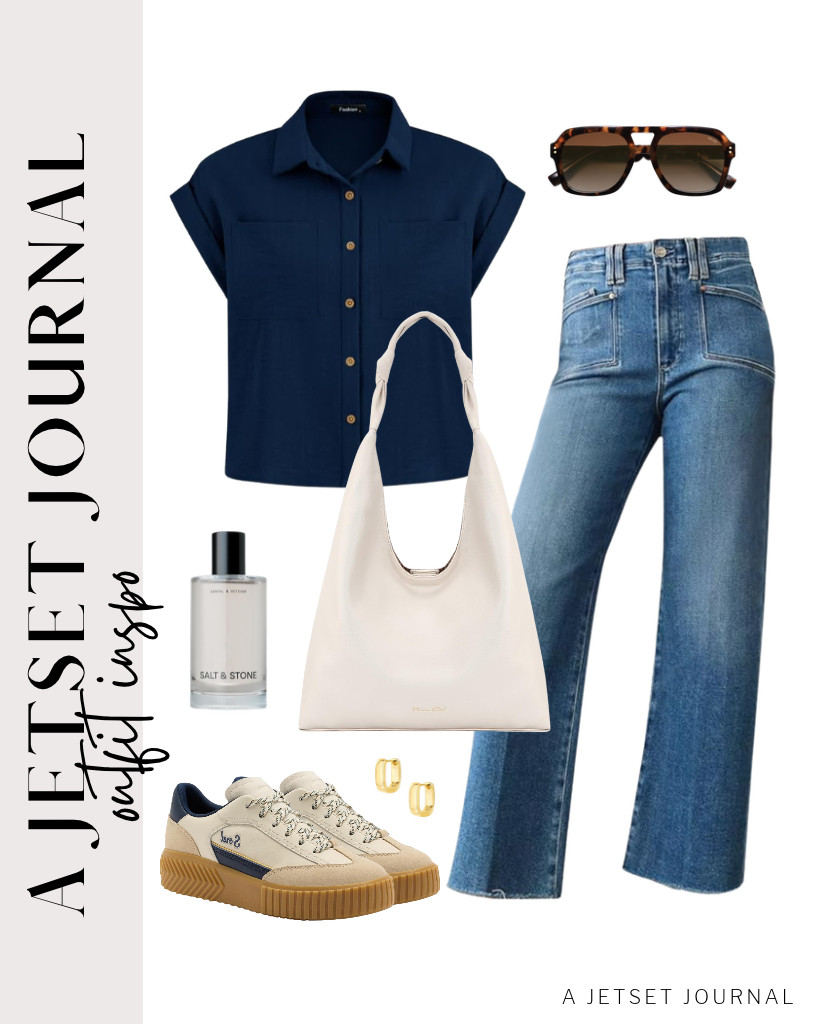 We also love this outfit, which combines a navy short-sleeve button-down shirt and jeans from Astylish. It goes well with Sorel sneakers and a Milan Chiva bag. You’ll also love these SOJOS aviator sunnies to finish this fit. 

 #LTKSeasonal #LTKSaleAlert #LTKTravel