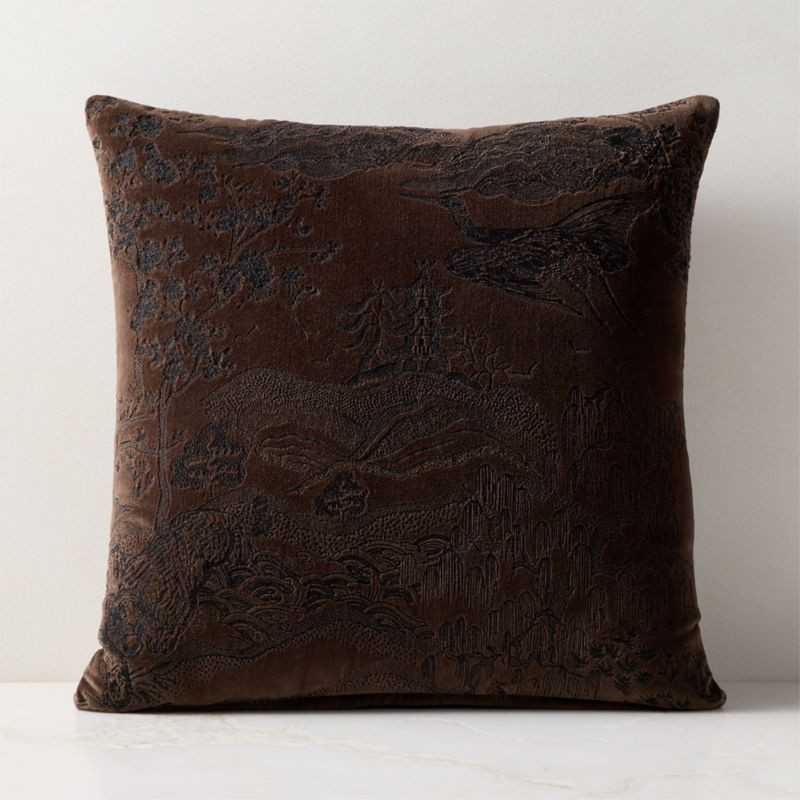 Sloane Ash Brown Embroidered Velvet Throw Pillow with Down-Alternative Insert 20"x20" | CB2