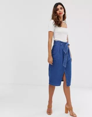 Vero Moda denim midi skirt with tie waist | ASOS US