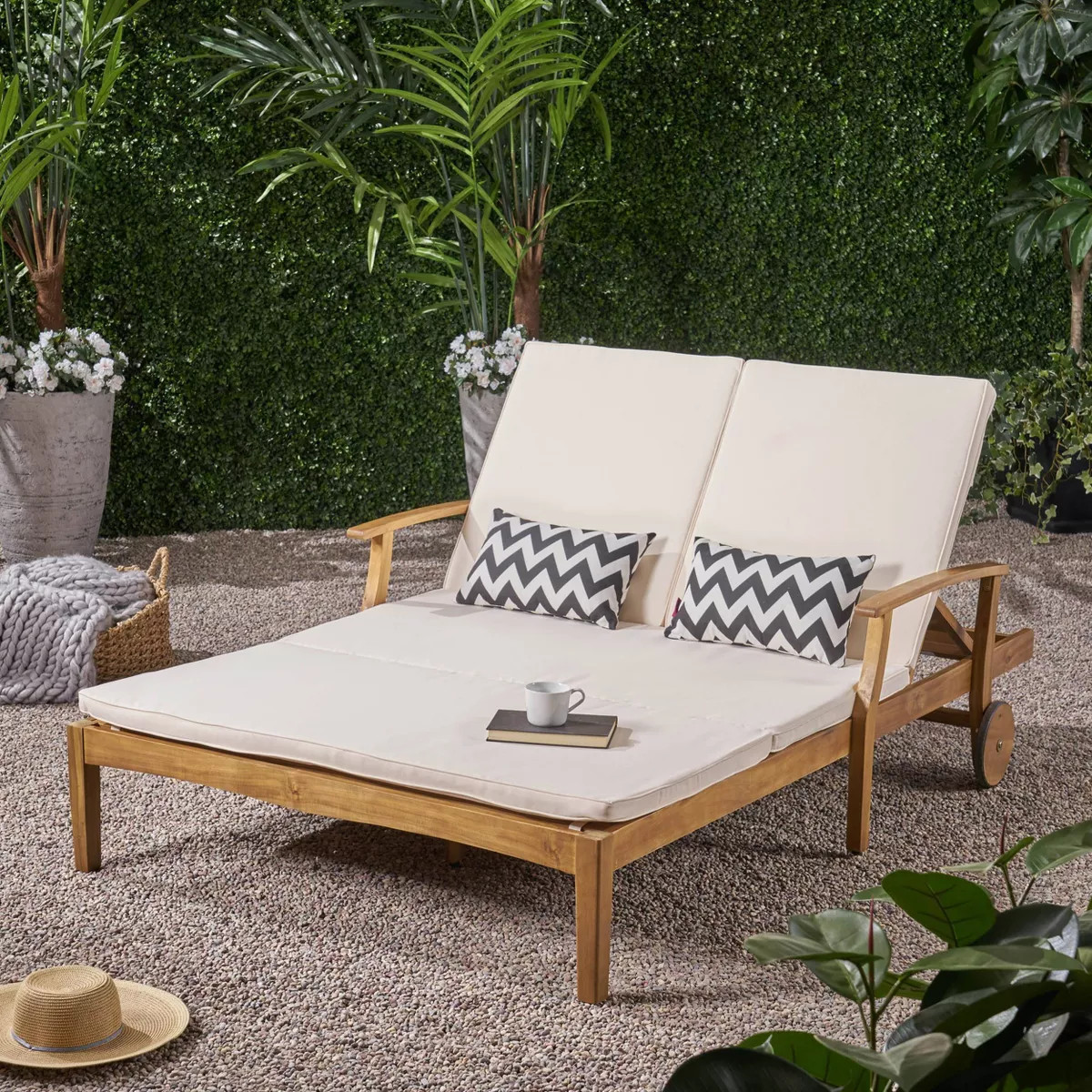 Perla Acacia Wood Double Chaise Lounge Teak/Cream - Christopher Knight Home | Target