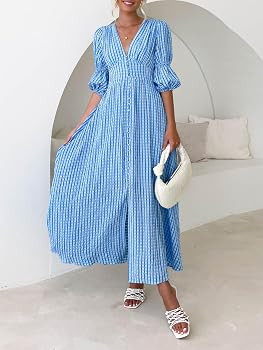 Women's Plaid Maxi Dress Deep V Neck Button Front Dresses Puff Half Sleeve Flowy Long Outfits wit... | Amazon (US)