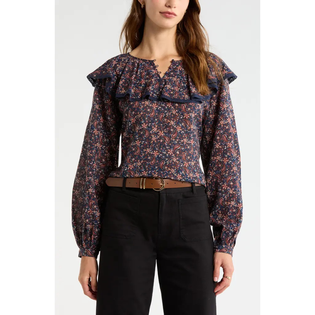 Treasure & Bond Ruffle Collar Top in Navy Mallory Paisley at Nordstrom Rack, Size Small | Nordstrom Rack