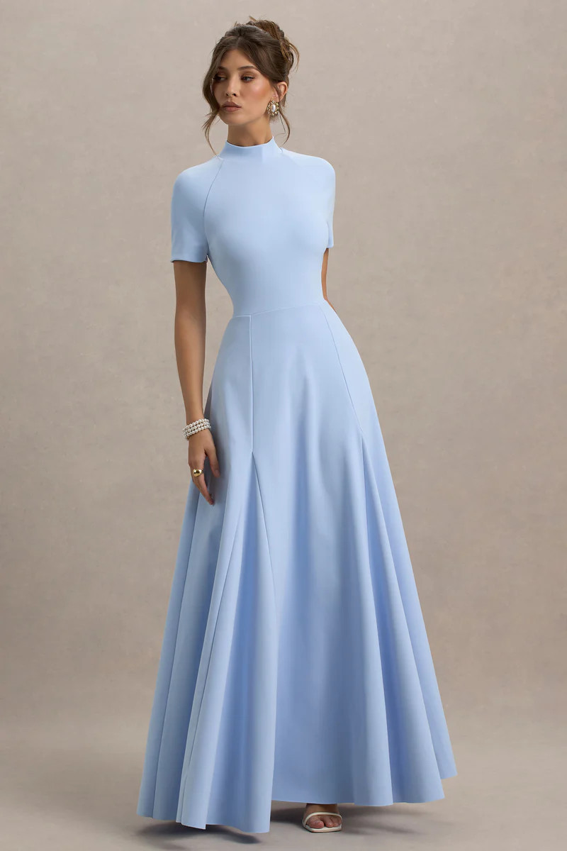 Alea  Powder Blue High-Neck Short-Sleeve Maxi Dress | Club L London