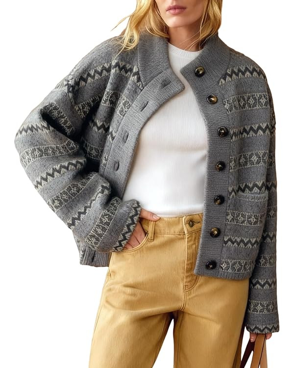 Arssm Womens Button Up Cardigan Sweater Crewneck Jacquard Knit Long Sleeve Color Block Cardigan J... | Amazon (US)