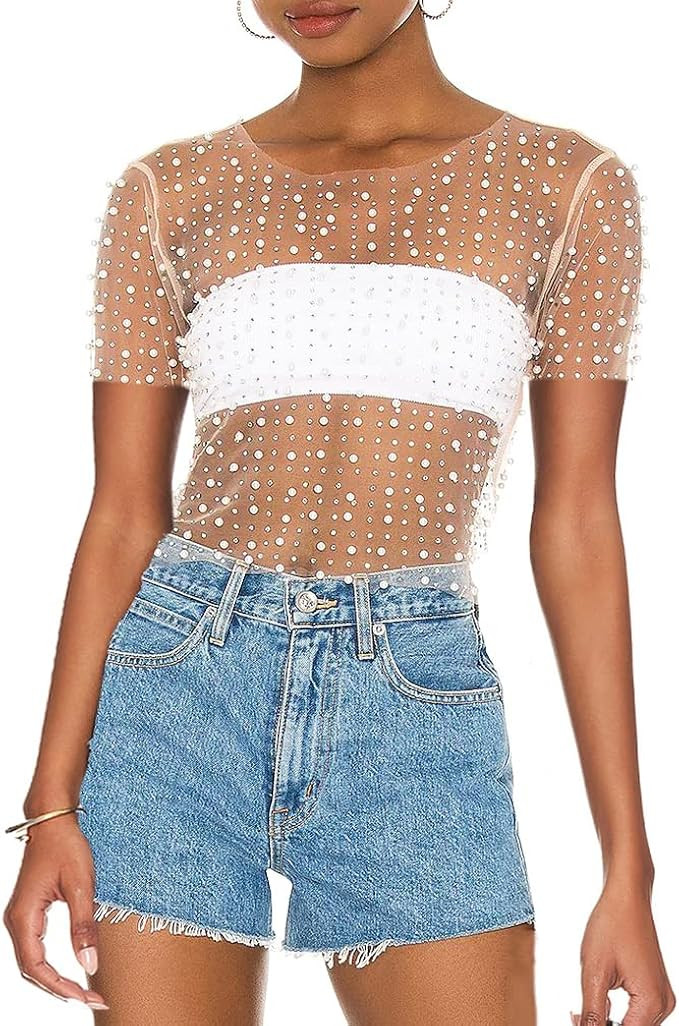 Naileksi Women Pearl Rhinestone Sheer Mesh Crop Tee Top Sexy See Through Short Sleeve Slim Fit Cr... | Amazon (US)