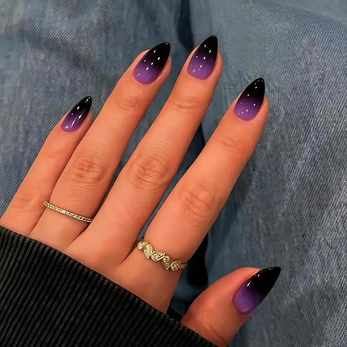 KQueenest Purple Black Press On Short Almond, Dark Ombre Fake Nails With Glue, Halloween Gradient... | Amazon (US)