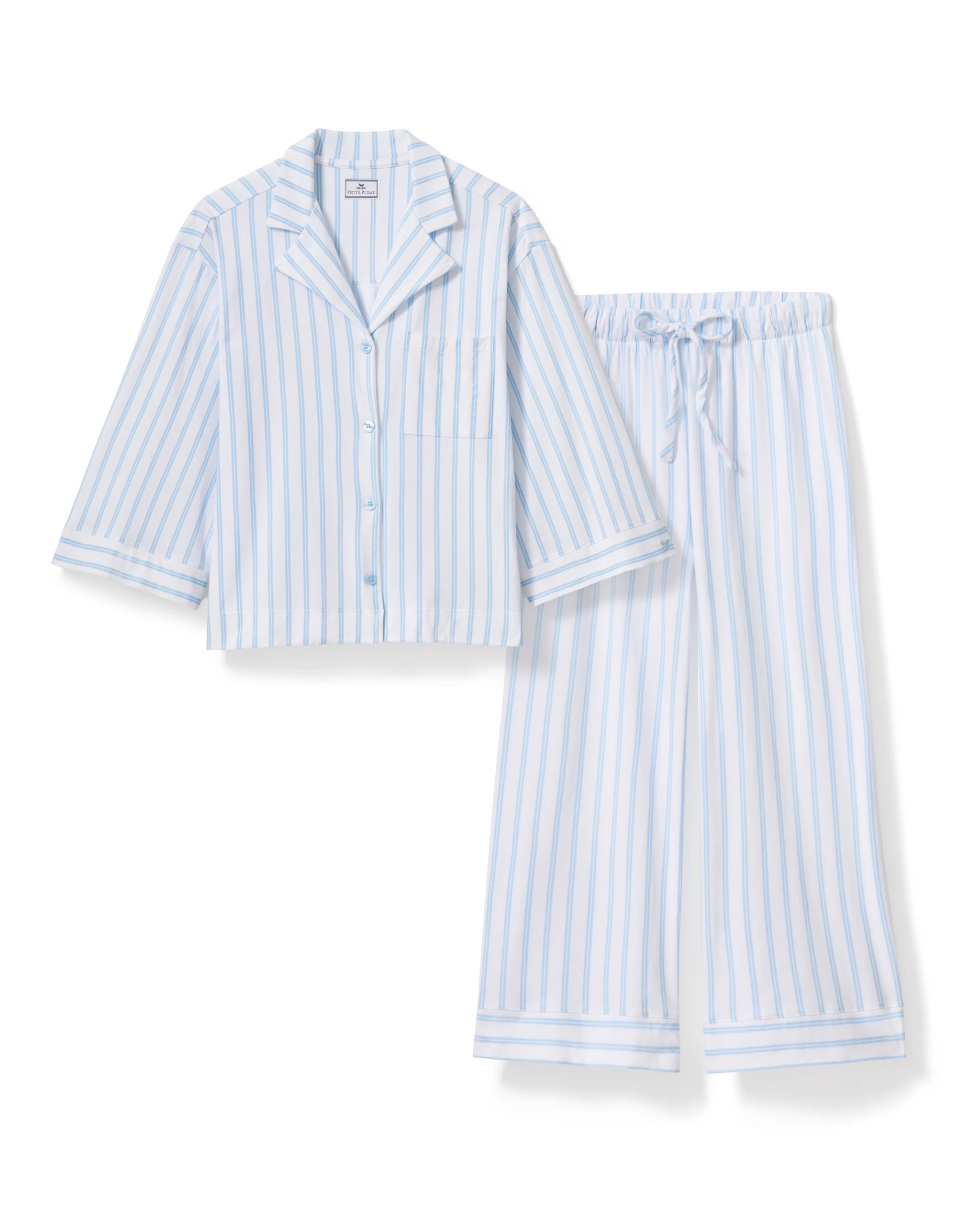 The Olivia Wide Leg Pima Pajama Set in Periwinkle Stripe | Petite Plume