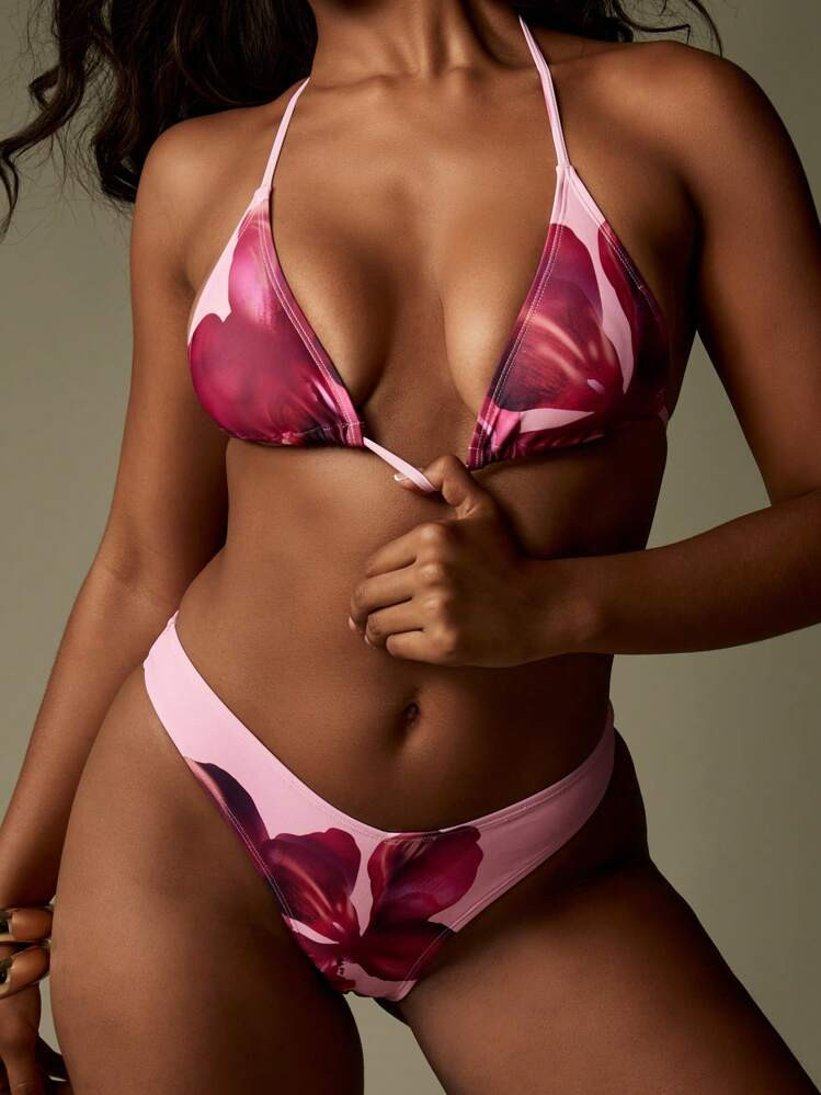 MISSGUIDED Premium Floral Triangle Bikini Set Summer Beachwear Large Petal Halter Top Swimsuit Brazilian Cut Bottom Vacation Resort Pool Swimwear | SHEIN