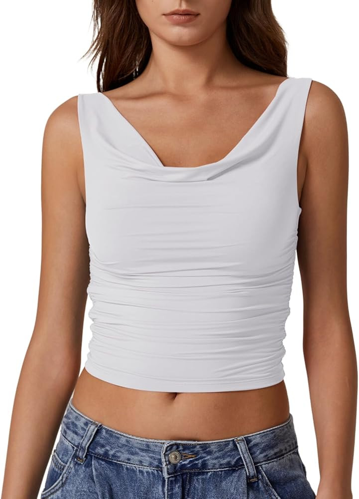 QINSEN Women's Off Shoulder Top Sleeveless Ruched Double Lined Crop Top Y2k T Shirts | Amazon (US)