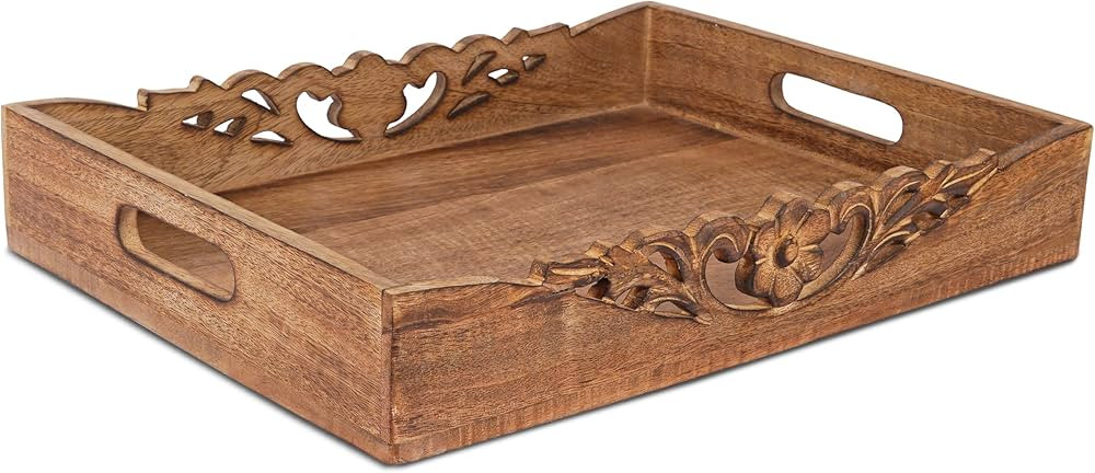 Coffee Table Tray (Medium Burnt) - “Orchid” Wood Serving Tray w/Handles for Breakfast in Bed ... | Amazon (US)