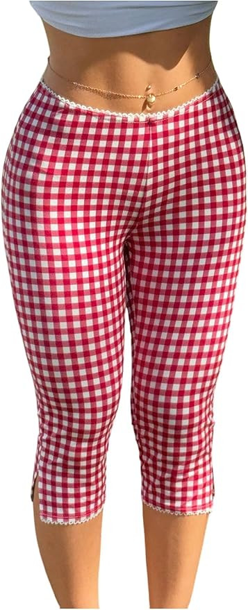 RoseSeek Women’s Gingham Split Leggings Lace Low Rise Elastic Waist Skinny Capri Pants | Amazon (US)