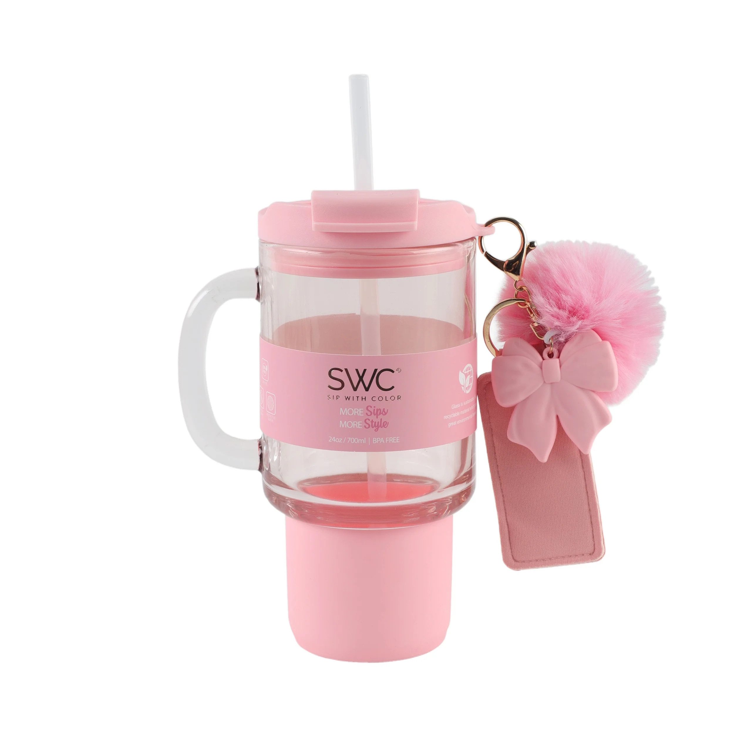 Cook With Color 24oz Glass Water Bottle Cup with Lid and Straw, Pink Bow | Walmart (US)