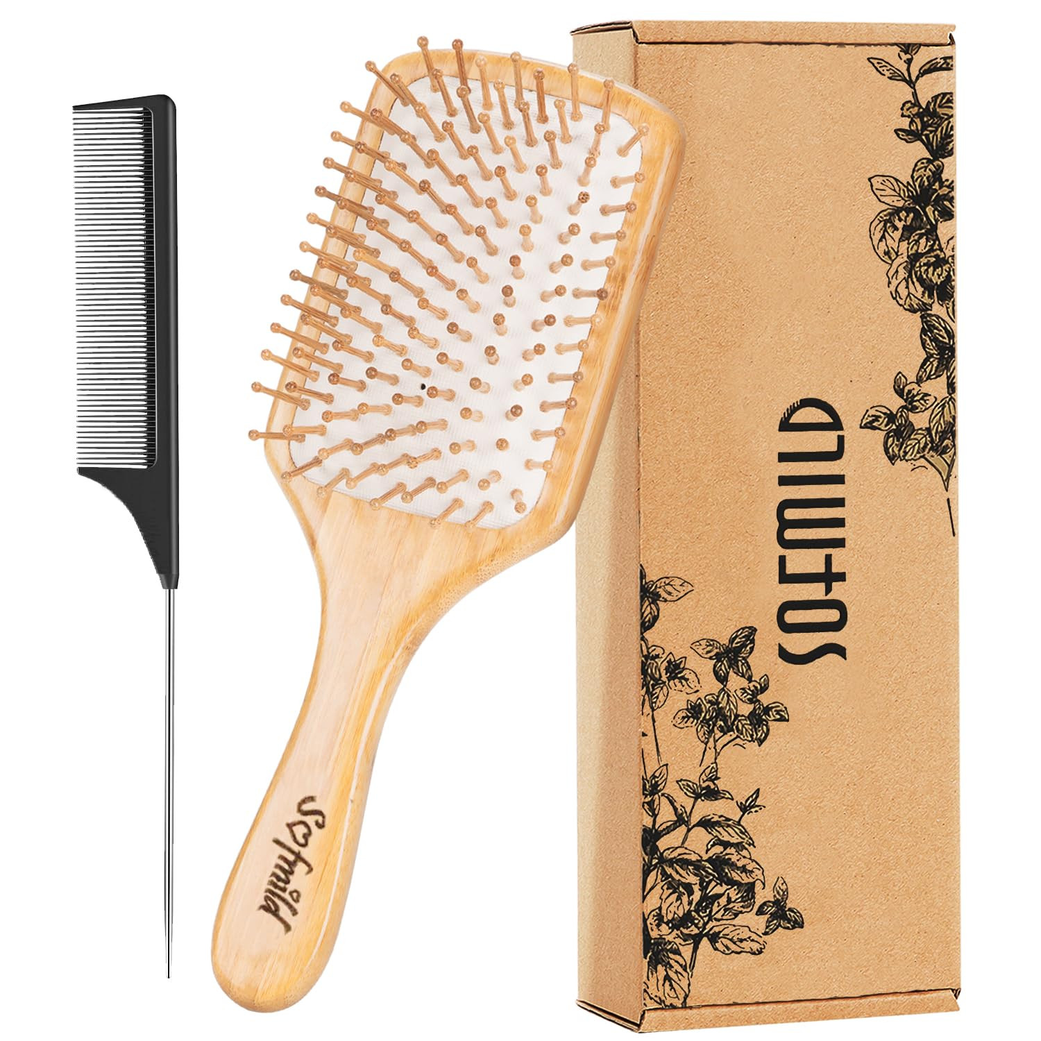 Hair Brush-Natural Wooden Bamboo Brush and Detangle Tail Comb, Paddle Hairbrush for Women Men and... | Amazon (US)