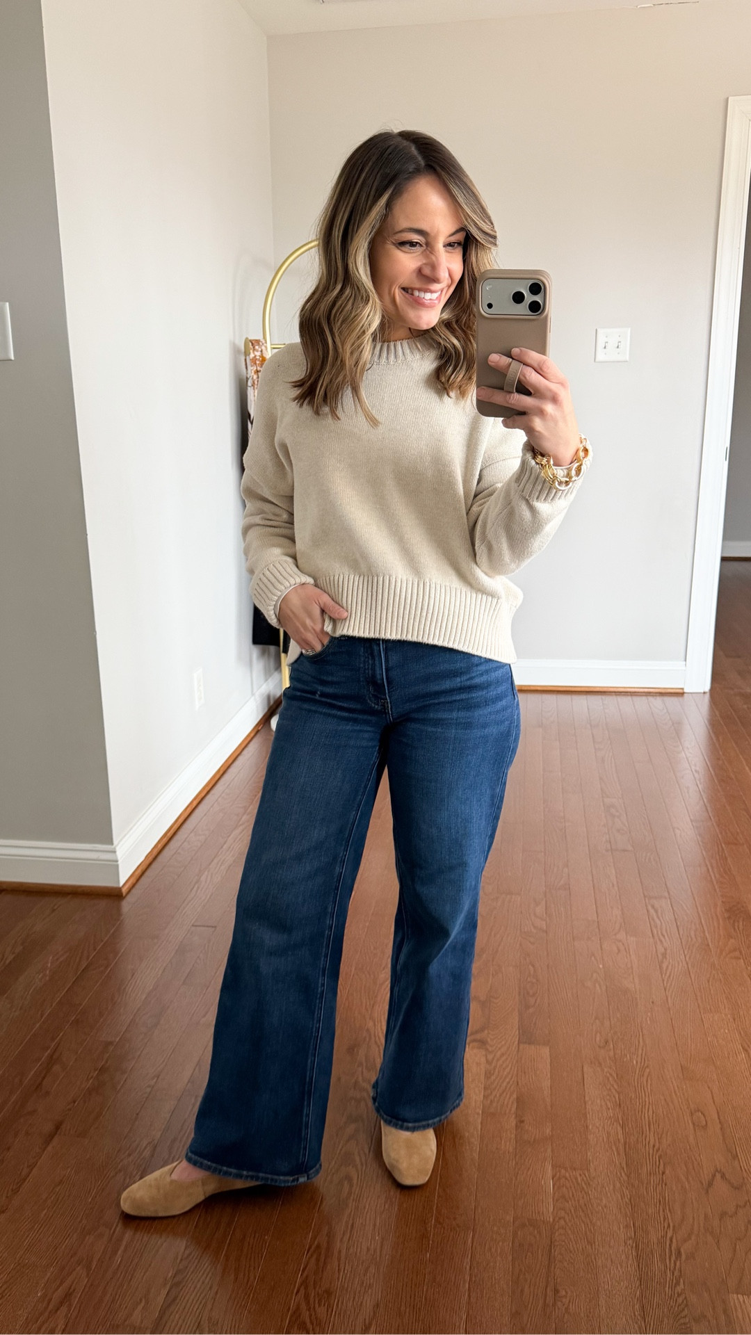 How the Bella Wide-Leg jeans look after a full day of wear. 

The relaxed straight jeans perform the same way for me. I wear them both in 24 x 28”. Both of mine have shrunk about an inch in length in the washer and dryer. 

Sweater: xs in speckled beige 

#LTKSeasonal