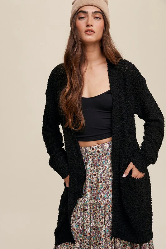 Popcorn Open Knit Cardigan Sweater Black / M | Casual Chic Boutique
