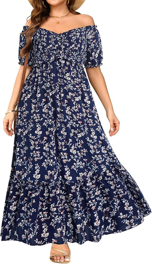 Plus Size Sun Dresses Women - Summer Off The Shoulder Puff Sleeve A Line Boho Maxi Flow Long Dres... | Amazon (US)