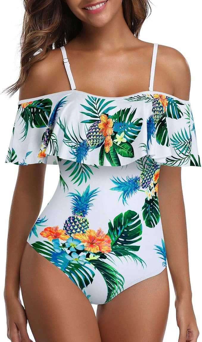 Tempt Me Women's Ruffle One Piece Off Shoulder Swimsuit Tummy Control Flounce Printed Retro Bathing  | Amazon (US)