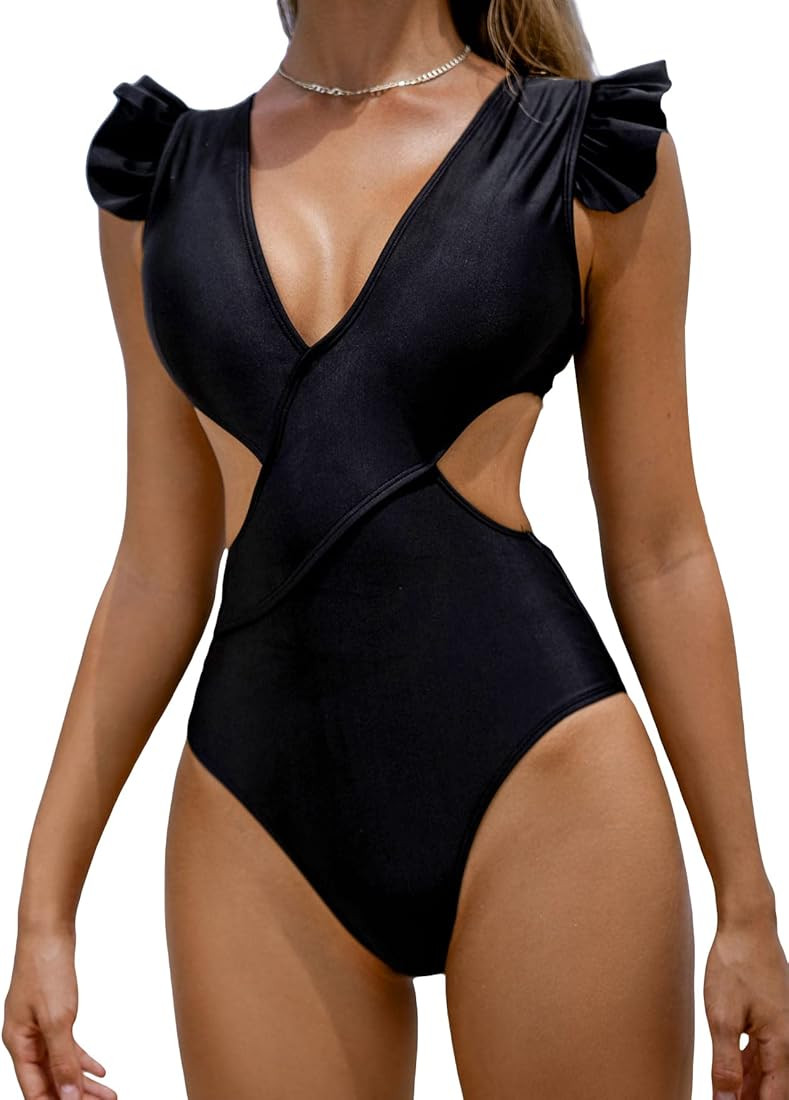 WDIRARA Women's Cut Out Tie Backless Deep V Neck Ruffled Sexy One Piece Swimsuit | Amazon (US)