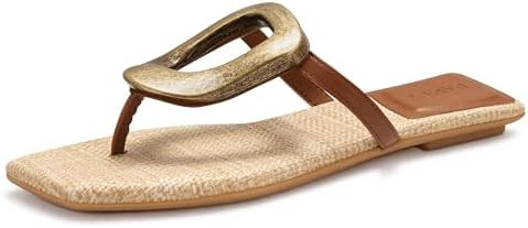 PARTY Square Toe Flip Flops Women,Fashion Designer Thong Sandals with Gold Buckle Trendy Summer C... | Amazon (US)