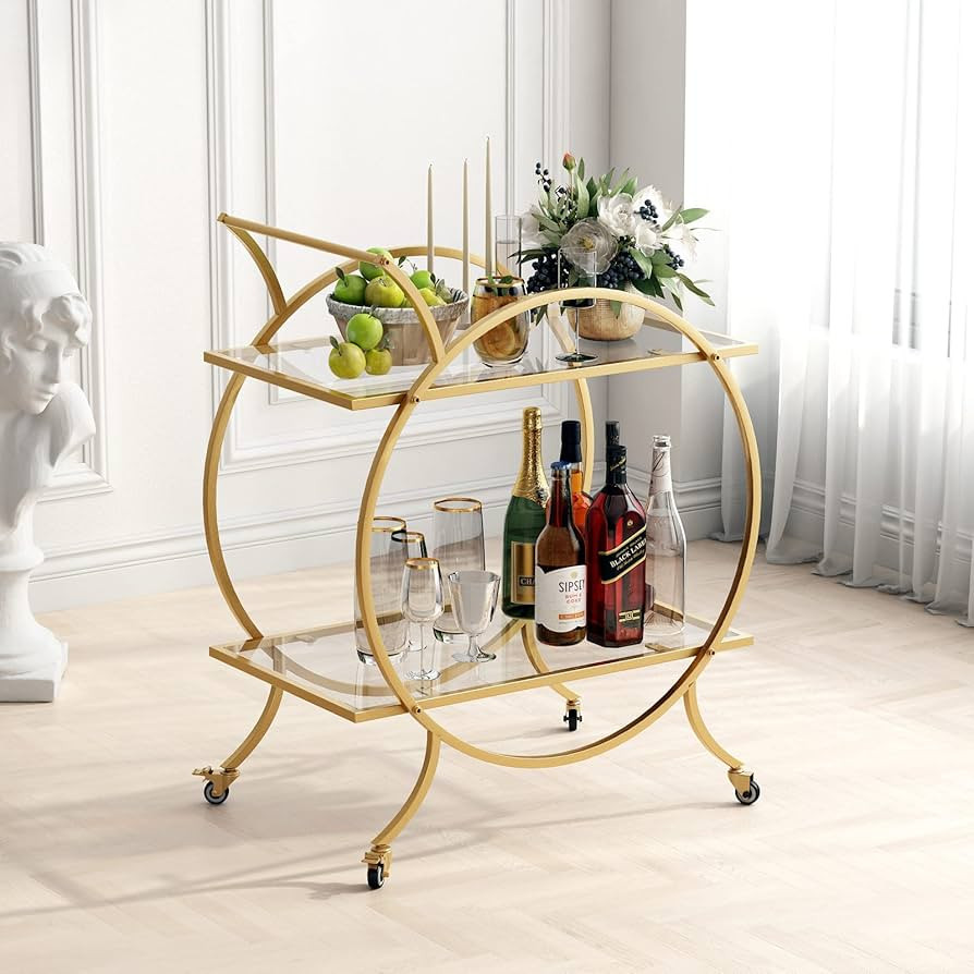 Gold Bar Carts for The Home Bar Serving Cart, Rolling Bar Cart Gold with Lockable Caster Wheels, ... | Amazon (US)