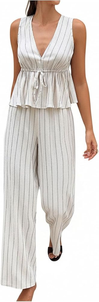 SHENHE Women's Striped 2 Piece Pants Set Deep V Neck Ruffle Peplum Top Wide Leg Pants Outfits | Amazon (US)