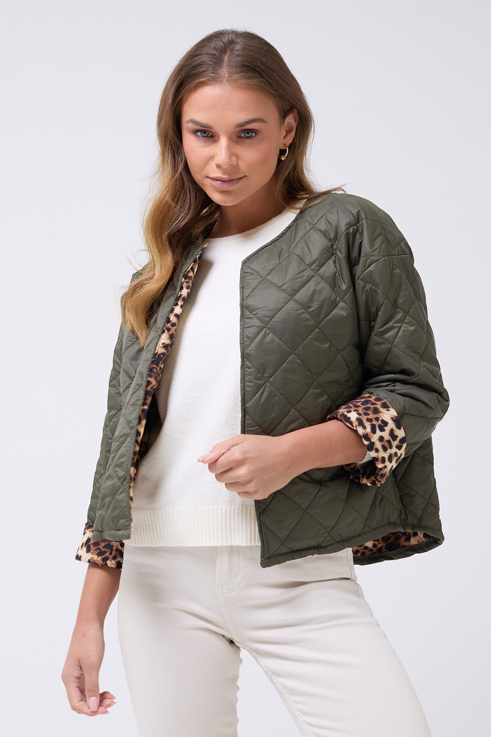 Nisha Quilted Short Jacket in Khaki | iCLOTHING