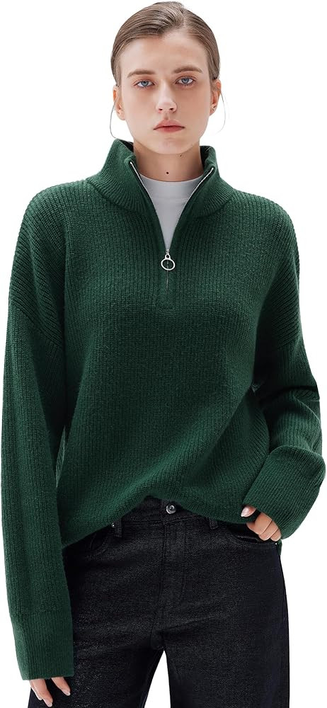 SUUKSESS Women Cashmere Oversized Quarter Zip Pullover Sweater Long Sleeve Collared Ribbed Knit J... | Amazon (US)