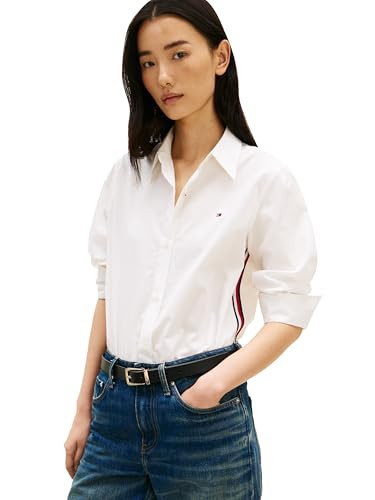 Tommy Hilfiger Women's Regular Long Sleeve Button Up Shirt with RWB Tape Design, Ecru Medium | Amazon (US)