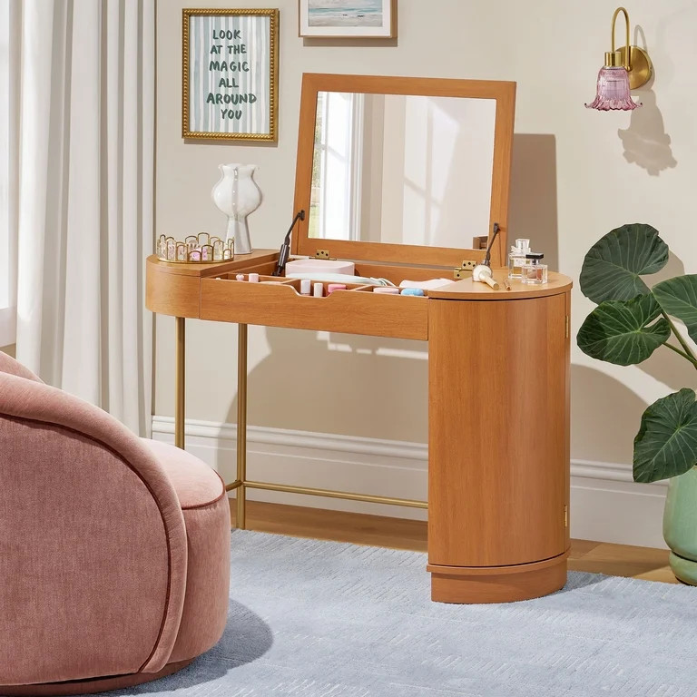 Beautiful Mae Vanity by Drew Barrymore with Hinged Mirror, Cherry Finish, Power Station | Walmart (US)