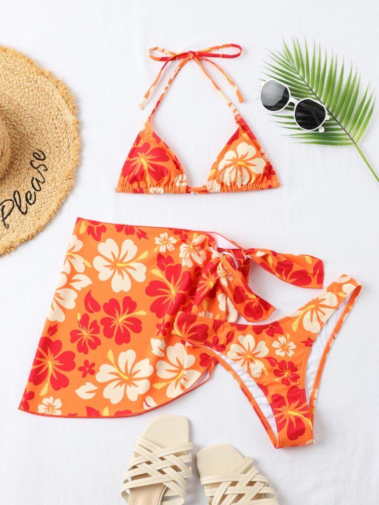 3pack Floral Micro Triangle Bikini Swimsuit & Beach Skirt | SHEIN
