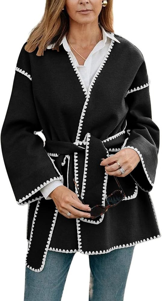 chouyatou Women's Fall Belted Embroidered Wool Jacket Business Casual Oversized Winter Wool Coat | Amazon (US)