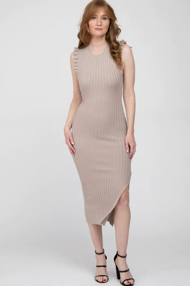 Taupe Ribbed Flutter Accent Midi Dress | PinkBlush Maternity