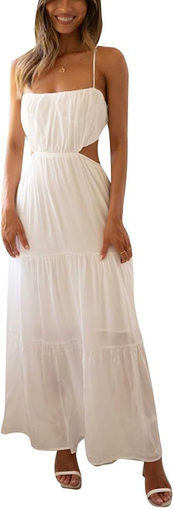 Women Boho Dresses Long Flowy Lace Dress Sexy Floral Spaghetti Strap V Neck Maxi Dress Sleeveless... | Amazon (US)