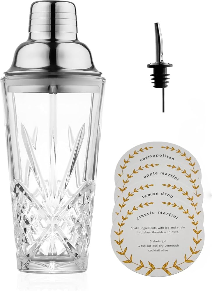 Cut Crystal Glass Cocktail Shaker Set - 15oz Lead-Free Crystal Shaker with Stainless Steel Lid, L... | Amazon (US)