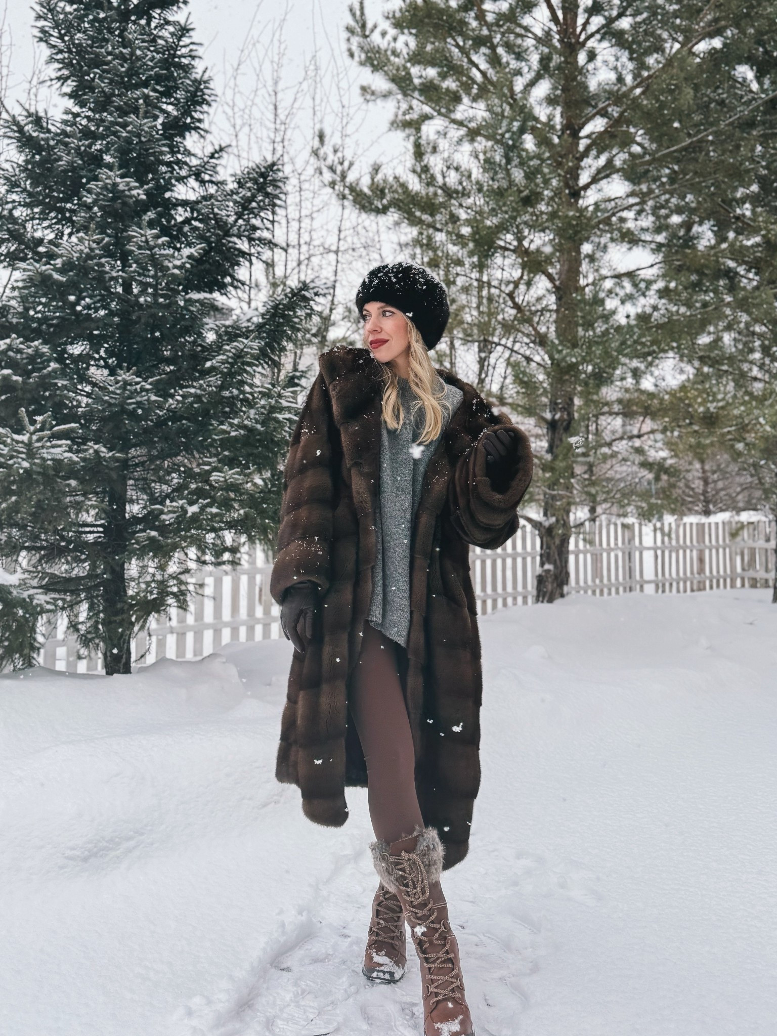 Fur coat outfit, Amazon brown leggings, snow day outfit, snow boots, fur beret hat, cozy winter outfit

#LTKSeasonal #LTKActive #LTKFindsUnder50