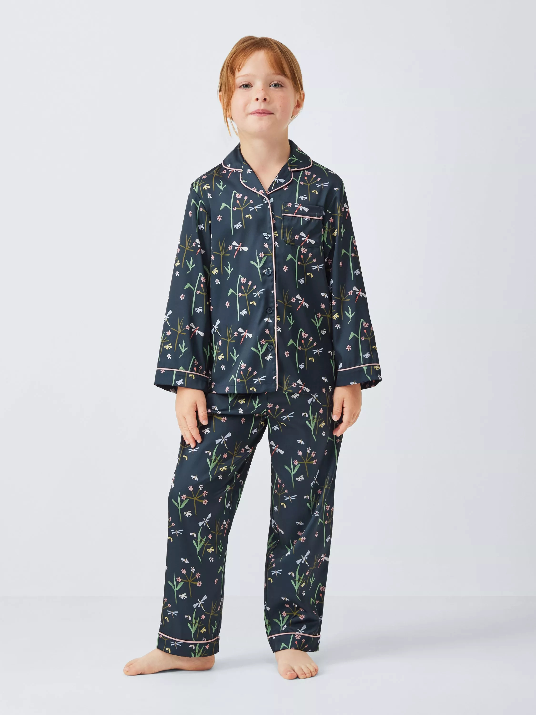 John Lewis Kids' Dragonfly Satin Pyjama Set & Scrunchie, Navy | John Lewis (UK)