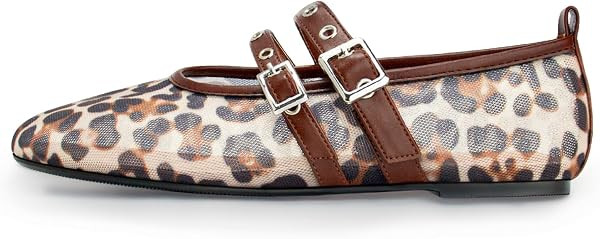 Gothictor Women's Mesh Ballet Flats Round Toe Leopard Mary Jane Shoes Women | Amazon (US)