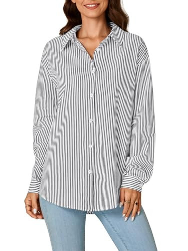 LYANER Women's Striped Button Down Shirts Long Sleeve Button Up Collared Office Work Blouses Tops Gray Small | Amazon (US)