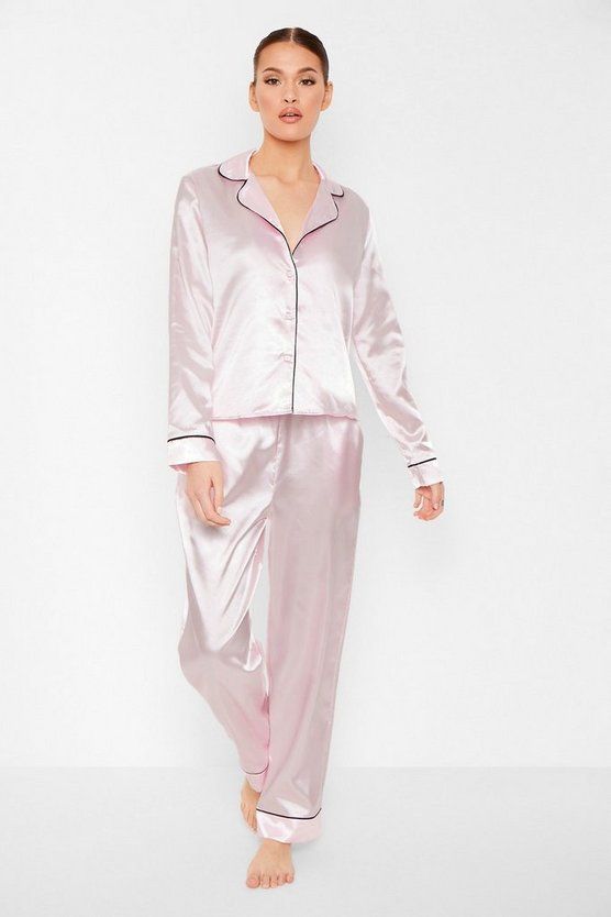 Contrast Piping Button Down Satin Pajama Set | Boohoo.com (US & CA)