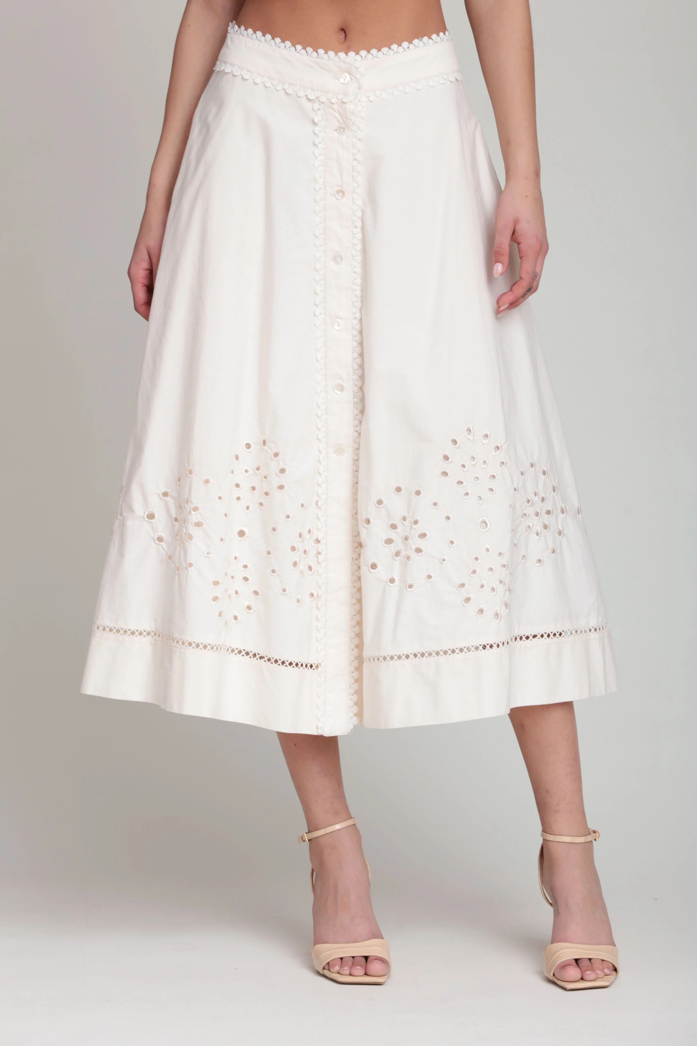 Cotton Embroidered Button Front Midi Skirt | Avec Les Filles