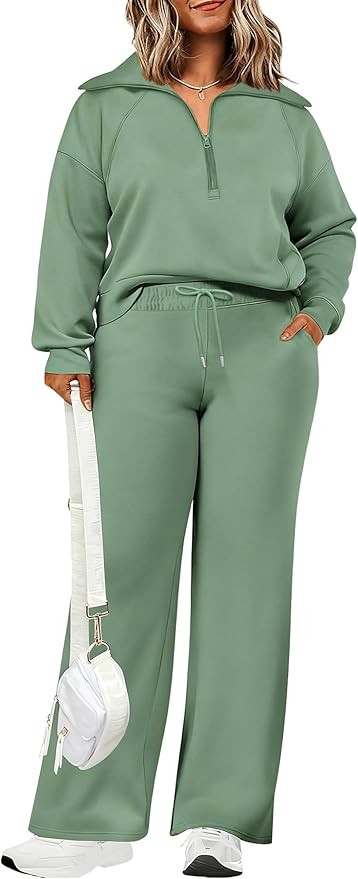 Chulianyouhuo Womens Plus Size 2 Piece Outfits Lapel Half Zip Sweatshirts Wide Leg Pants Tracksui... | Amazon (US)