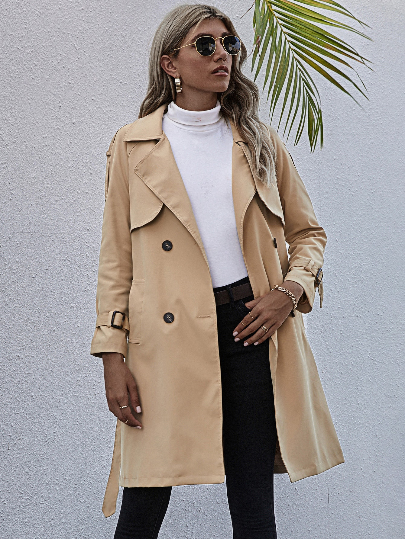 Solid Double Breasted Belted Trench Coat | SHEIN