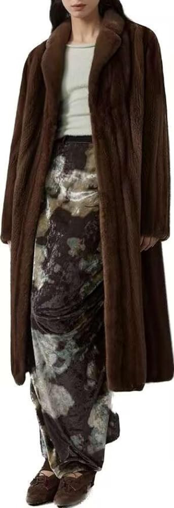 Real Mink Fur Long Coat for Women Natural Brown Plush Lapel Outwear Silk Lining Warm Winter Class... | Amazon (US)