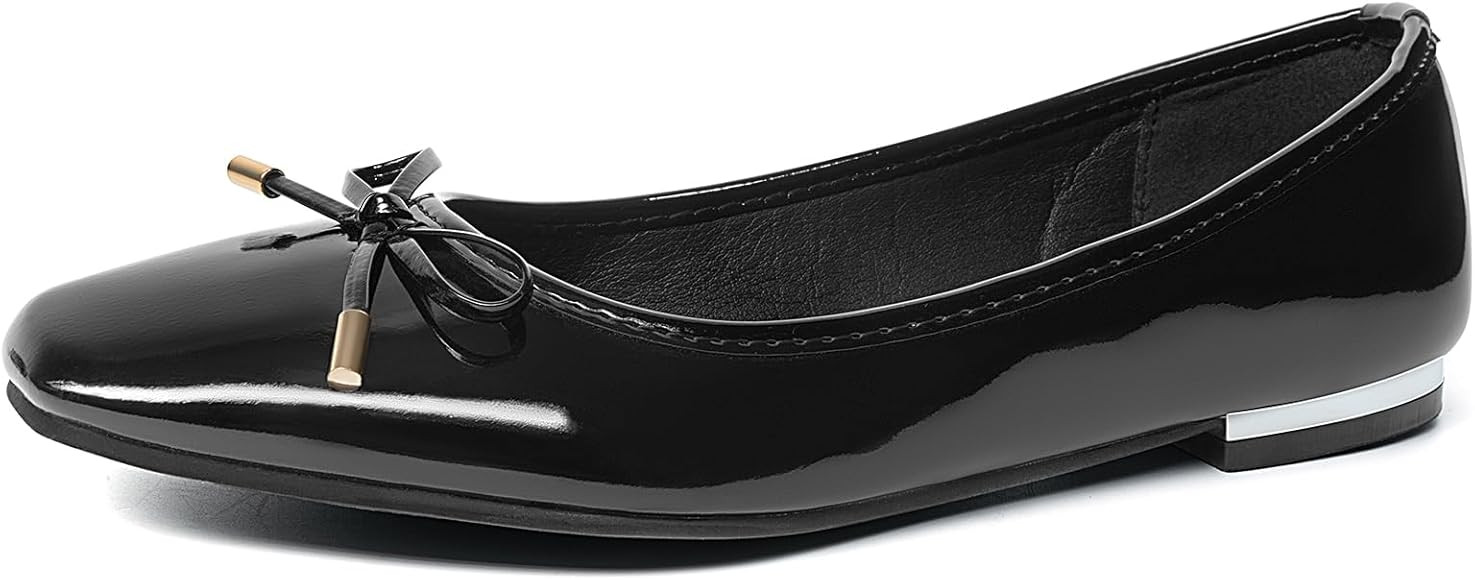 MUSSHOE Women's Ballet Flats Shoes Dressy Comfortable Square Toe Patent Flat with Bow | Amazon (US)