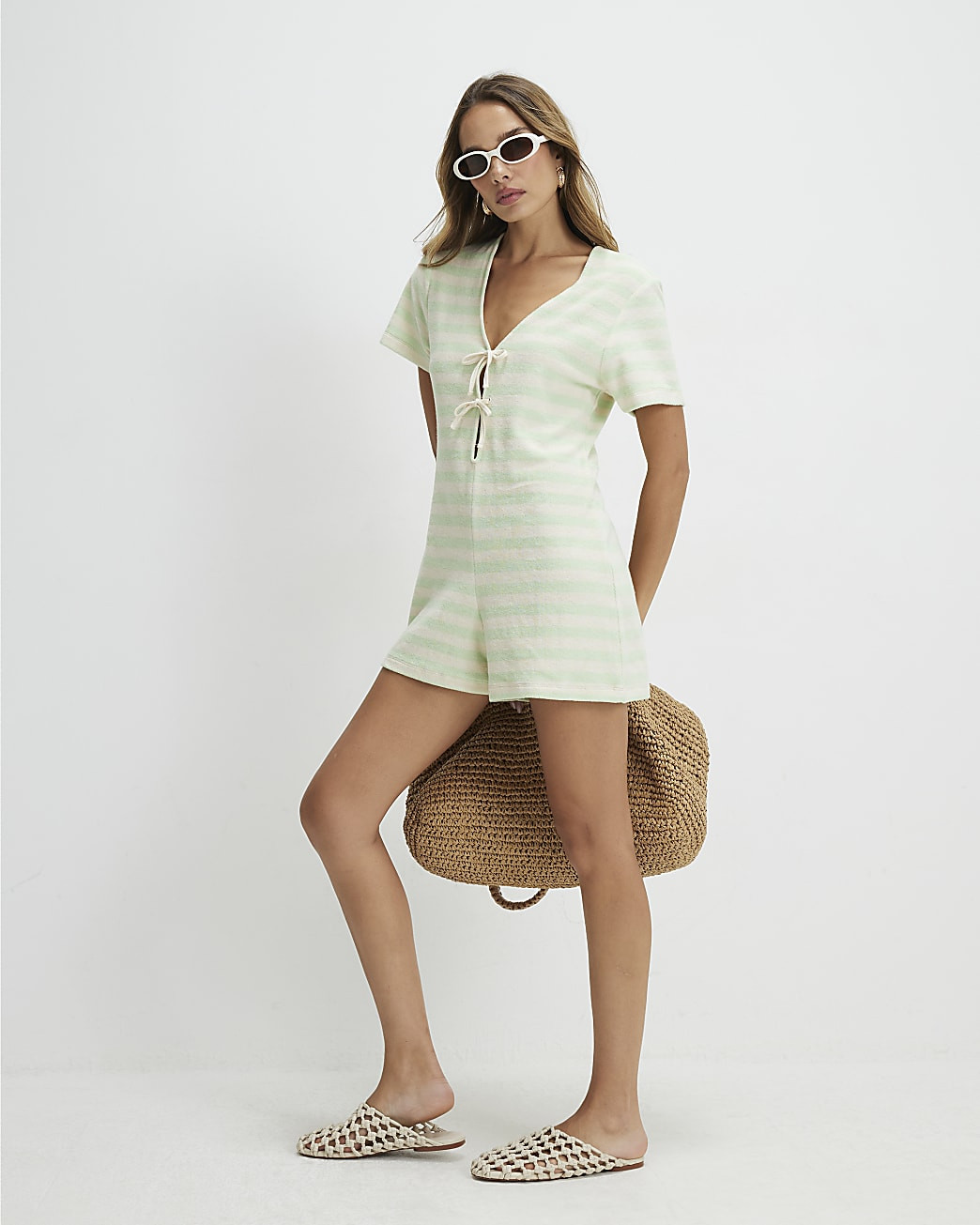 Green Towelling Stripe Short Sleeve Playsuit | River Island UK & IE