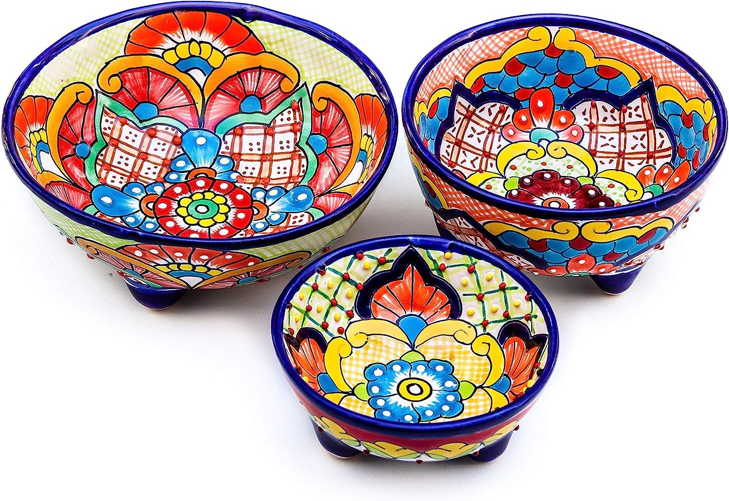 Unique Hand Painted Talavera Pottery Molcajete Chip and Dip Salsa Bowl Serving Set of 3. Colorful... | Amazon (US)