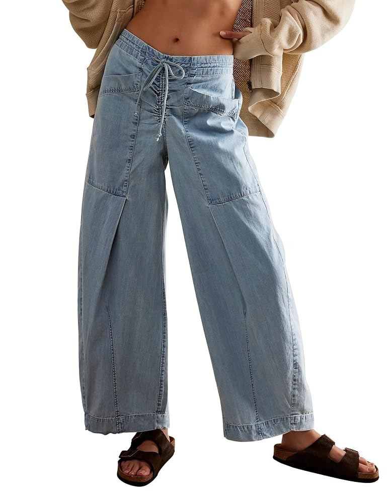 TQD Wide Leg Barrel Jeans for Women Trendy 2025 Mid Rise Baggy Boyfriend Y2K Drawstring Denim Pan... | Amazon (US)