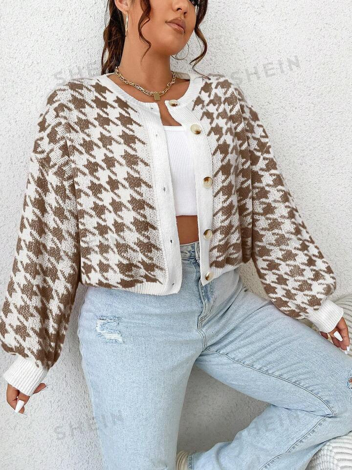 SHEIN Qutie Plus Size Houndstooth Button Up Cardigan | SHEIN